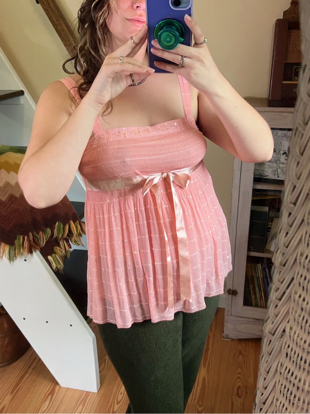 Vintage Y2K Misomiso Peachy Pink Silk Babydoll Top Bow & Sequins Coquette Fairy